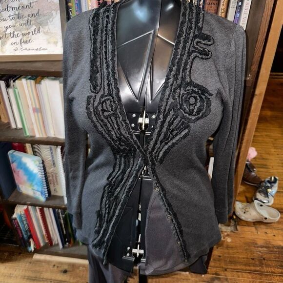 J Crew gray elevated basics ruffled M romantic cardigan - Picture 1 of 4